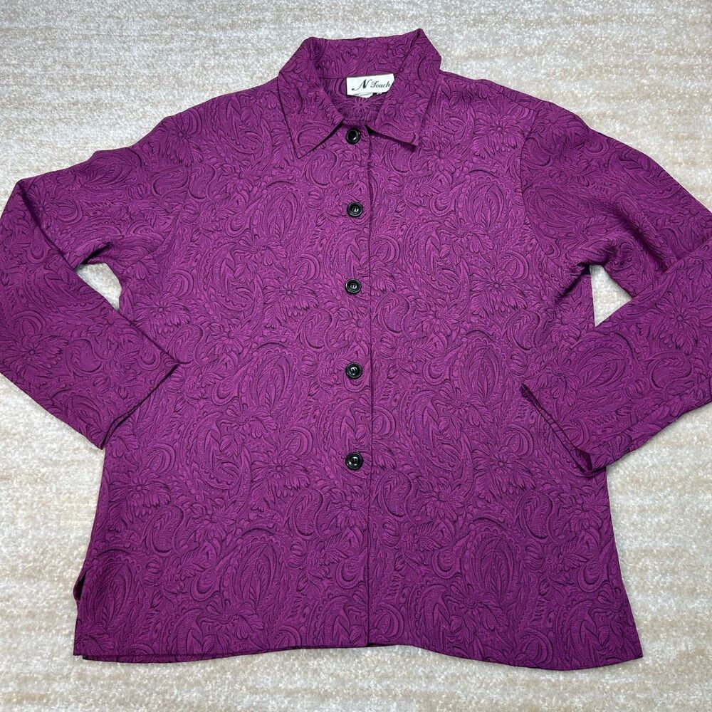 N Touch Shirt Jacket Womens M Purple Paisley Textured Button Front Long Sleeve